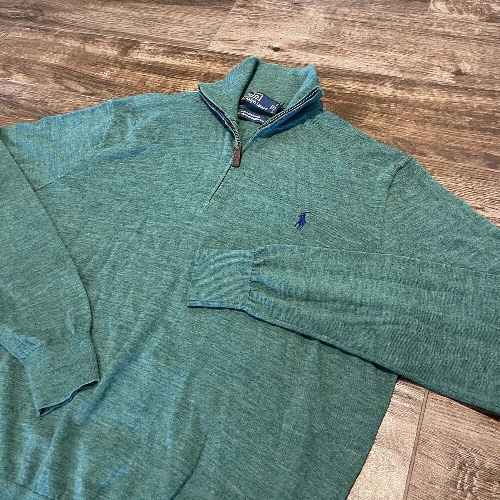 Polo Ralph Lauren Mens XL Green 1/4 Zip Sweater Pullover Merino Wool Lightweight